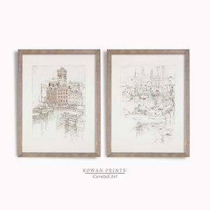 Boats Vintage SET of 2 Prints | Seaside Harbour Sketch | Coastal Sailing Prints | Drawing PRINTABLE Wall Art