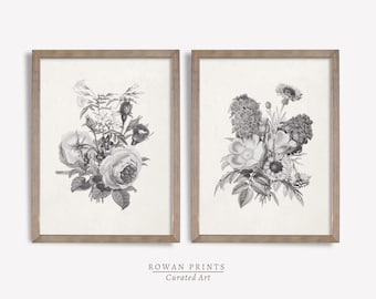 Flower Botanical SET of 2 Prints | Neutral Floral Sketch | Antique Farmhouse Decor | Drawing PRINTABLE Wall Art