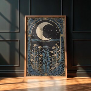 Blue Moon Art Deco Print Blue Art Nouveau Printable Art Bohemian Home Decor Mid Century Moon Wall Art Lunar Moon Celestial Vintage Art Print