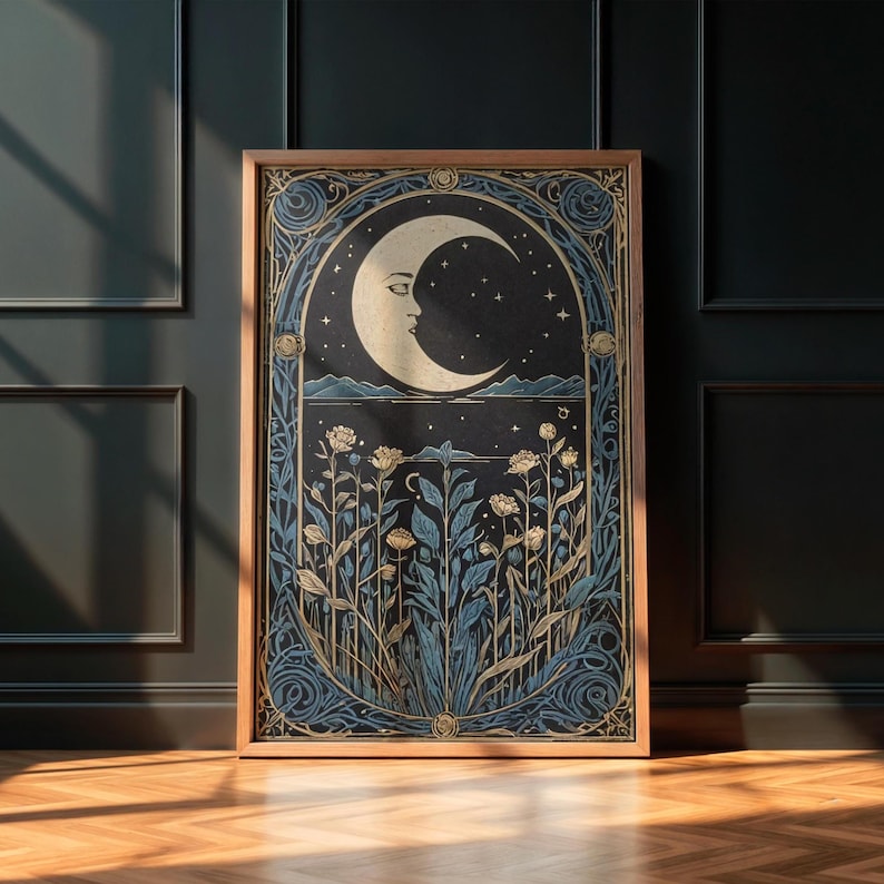 Blue Moon Art Deco Print Blue Art Nouveau Printable Art Bohemian Home Decor Mid Century Moon Wall Art Lunar Moon Celestial Vintage Art Print