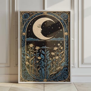 Blue Moon Art Deco Print Blue Art Nouveau Printable Art Bohemian Home Decor Mid Century Moon Wall Art Lunar Moon Celestial Vintage Art Print