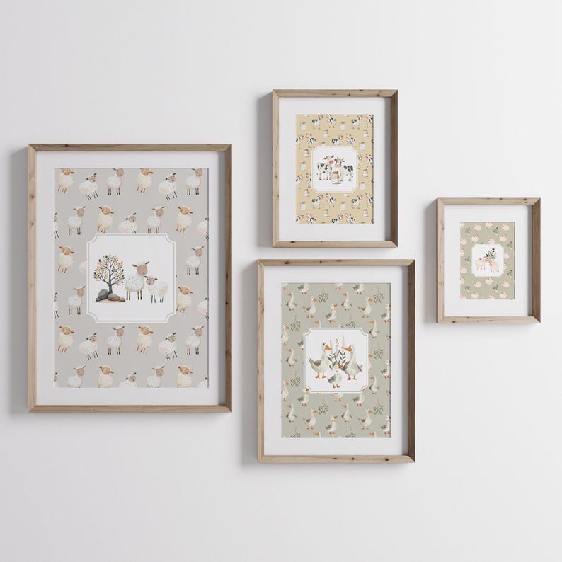 Cottagecore Nursery Set Of 4 Animal Prints, Cute Nursery Decor Farm Wall Art for Nursery New Baby Gift Farm Animals Neutral Farmhouse Decor