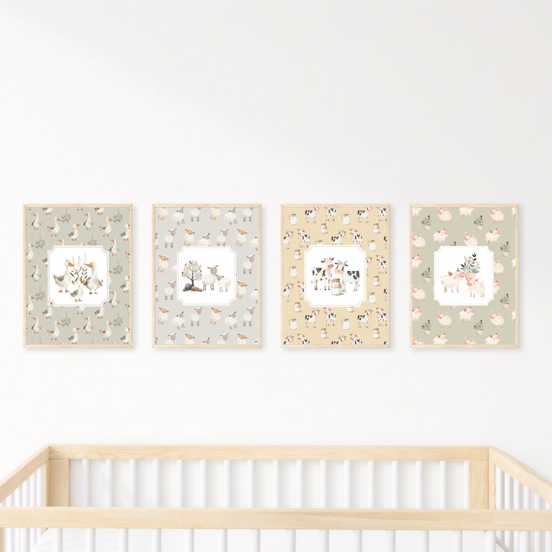 Cottagecore Nursery Set Of 4 Animal Prints, Cute Nursery Decor Farm Wall Art for Nursery New Baby Gift Farm Animals Neutral Farmhouse Decor