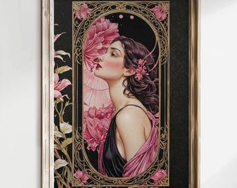 Art Nouveau Woman Print: Pink Flowers, Mucha Style (Digital Download)