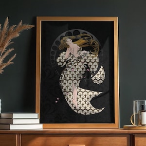Goddess Art Deco Print Woman Vintage Print Art Nouveau Moon Lady Black And Gold Wall Art Lady And Moon 1920