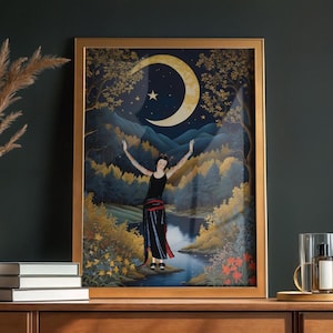 Art Deco Woman Vintage Print Art Nouveau Moon Goddess Lady Woman And Moon Blue And Gold Wall Poster Art Deco Decor
