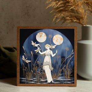 Goddess Art Deco Print Art Nouveau Woman Art Etheral Fairytale Poster Blue and Gold Dragonfly Moon Wall Art Vintage Home Decor