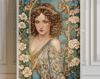 Art Nouveau Woman Print Art Deco Printable William Morris Decor Bohemian Home Decor Mid Century Woman Wall Art Blue Floral Mucha Style Art