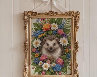 野生の花壇のハリネズミの壁アート - 印刷可能な春の動物の絵画、素朴