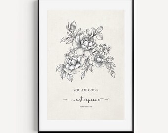 God&#39;s Masterpiece Scripture Wall Art | Farmhouse Bible Verse Print | Christian Art Printable | Christian Gift | Ephesians 2 10