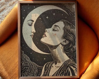 Art Deco Woman and Moon Print: Vintage Celestial Wall Art (Digital Download)