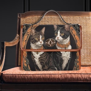 Art déco chats cartable sac à main Art Nouveau sac en toile marron avec poignée supérieure sac rétro 1920 vintage cadeau pour amoureux des chats sac à main Art déco original