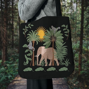 Tropical Dreams Elephant Woven Tote Bag Jungle Black Green Bag Elephant Lover Gift Tapestry Handbag Bohemian Rainforest Tote Bag Forestcore