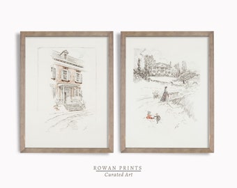 Home Architecture Sketch SET of 2 | Vintage People Print | Neutral Wall Decor | Digital PRINTABLE Wall Art
