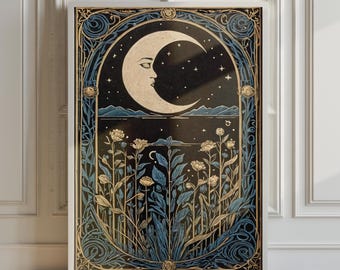 Blue Moon Art Deco Print: Vintage Celestial Wall Art