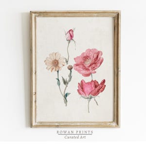 Pink Floral Painting  | Antique Botanical Pink and Yellow Floral Country Print | Farmhouse Bedroom Digital PRINTABLE Wall Art