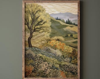 Tapestry Landscape Summer Wall Art, Warm Tones Printable Art, Farmhouse Decor, Tree and Fields Embroidery Style Print, Spring Decor