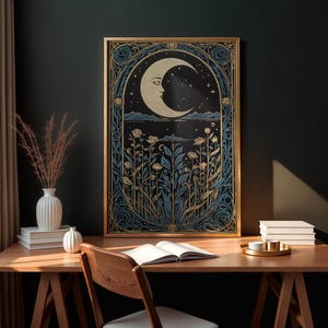 Blue Moon Art Deco Print Blue Art Nouveau Printable Art Bohemian Home Decor Mid Century Moon Wall Art Lunar Moon Celestial Vintage Art Print