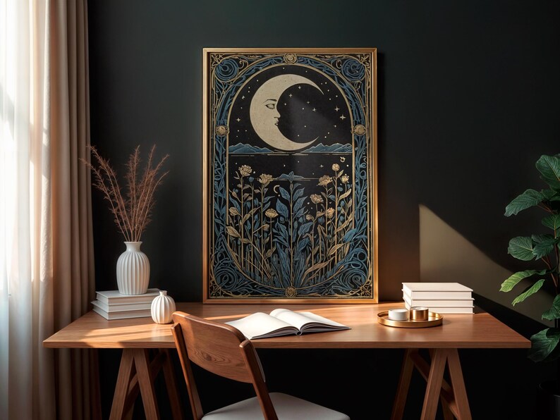 Blue Moon Art Deco Print Blue Art Nouveau Printable Art Bohemian Home Decor Mid Century Moon Wall Art Lunar Moon Celestial Vintage Art Print