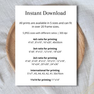 May include: Text on a white background listing different sizes and ratios for printing digital downloads. The text includes "Instant Download", "4x5 ratio for printing", "4"x5", 8"x10", 16"x20", 40x50cm", "3x4 ratio for printing", "6"x8", 9"x12", 12"x16", 18"x24", "2x3 ratio for printing", "4"x6", 6"x9", 8"x12", 10"x15", 12"x18", 16"x24", 20"x30", 24"x36", "international for printing", "5"x7", A5, A4, A3, A2, A1, 50x70cm", "11x14 for printing 11"x14".