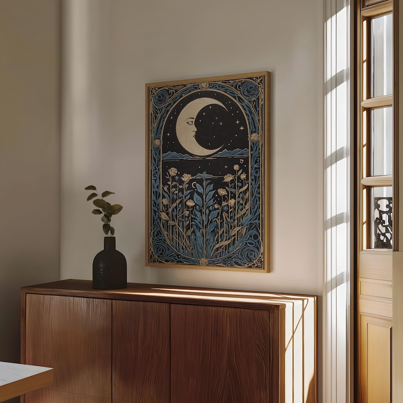 Blue Moon Art Deco Print Blue Art Nouveau Printable Art Bohemian Home Decor Mid Century Moon Wall Art Lunar Moon Celestial Vintage Art Print