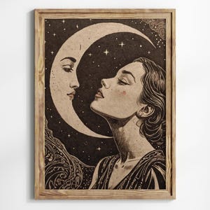 Woman And Moon Art Deco Print Woman Vintage Print Art Nouveau Moon Lady Neutral Wall Art Lady And Moon 1920s Art Print Moon Kiss Wall Art