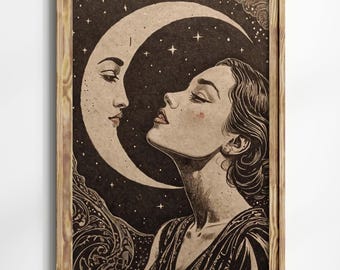 Woman And Moon Art Deco Print Woman Vintage Print Art Nouveau Moon Lady Neutral Wall Art Lady And Moon 1920s Art Print Moon Kiss Wall Art