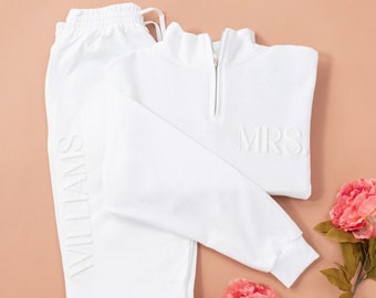 Embossed Bridal Gift Set, Mrs Sweatshirt, Mrs. Quarter Zip, New Mrs. Gift Set, Honeymoon Outfit, Custom Mrs Sweater, Bridal Shower Gift