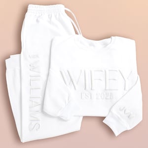 Embossed Wifey Sweatshirt, Gift for Bride, Bridal Shower Gift, Wedding Gift, Embossed Mrs Sweatshirt, Wedding Date Sleeve, Honeymoon Set