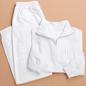 Conjunto de regalo para novia con relieve, sudadera para señora, cierre de cremallera para señora, conjunto de regalo para nueva señora, traje de luna de miel, suéter personalizado para señora, regalo para despedida de soltera