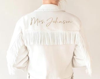 Custom Jacket with fringes, White Fringe Jacket, Nashville Jacket, Future Mrs Jacket, Cowgirl Bride, Bachelorette Jacket, White Denim Jacket