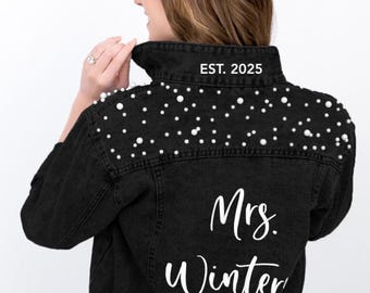 Bride Jean Jacket - Black Denim, Embroidered Black Bridal Jacket, Future Mrs Jacket, Personalized Future Mrs Jacket, Custom Wedding Jacket