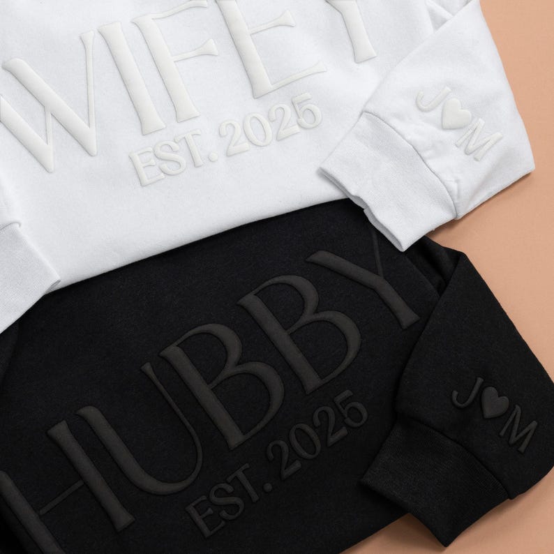 Embossed Wifey Set and Hubby Set personalized with Premium PUFF Print. The set includes a crewneck sweatshirt and joggers