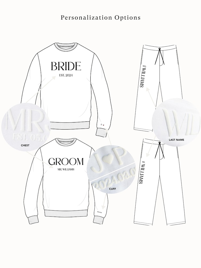 K&ouml;nnte beinhalten: Wei&szlig;er Pullover mit "BRIDE" und "EST. 2024" aufgedruckt auf der Vorderseite. Wei&szlig;e Jogginghose mit "WILLIAMS" aufgedruckt an der Seite. Nahaufnahme eines wei&szlig;en gestickten "MR" auf der Brust des Pullovers. Nahaufnahme eines wei&szlig;en gestickten "J & P" mit einem Herzen am &Auml;rmel des Pullovers.
