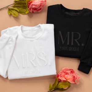 Embossed Mrs Sweatshirt, Personalized Bridal Gift, Custom Bridal Shower Gift, Bachelorette Party Gift For Bride, Couples Wedding Gift
