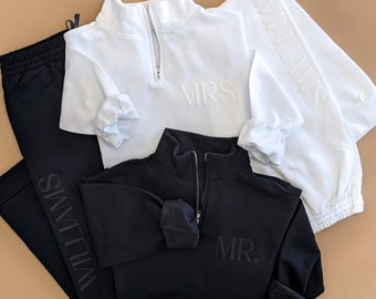 Embossed Honeymoon Outfit, Personalized Wedding Gift, Mr and Mrs Quarter Zip, Matching Couples Sweatshirts, Bridal Shower Gift, New Mrs Gift