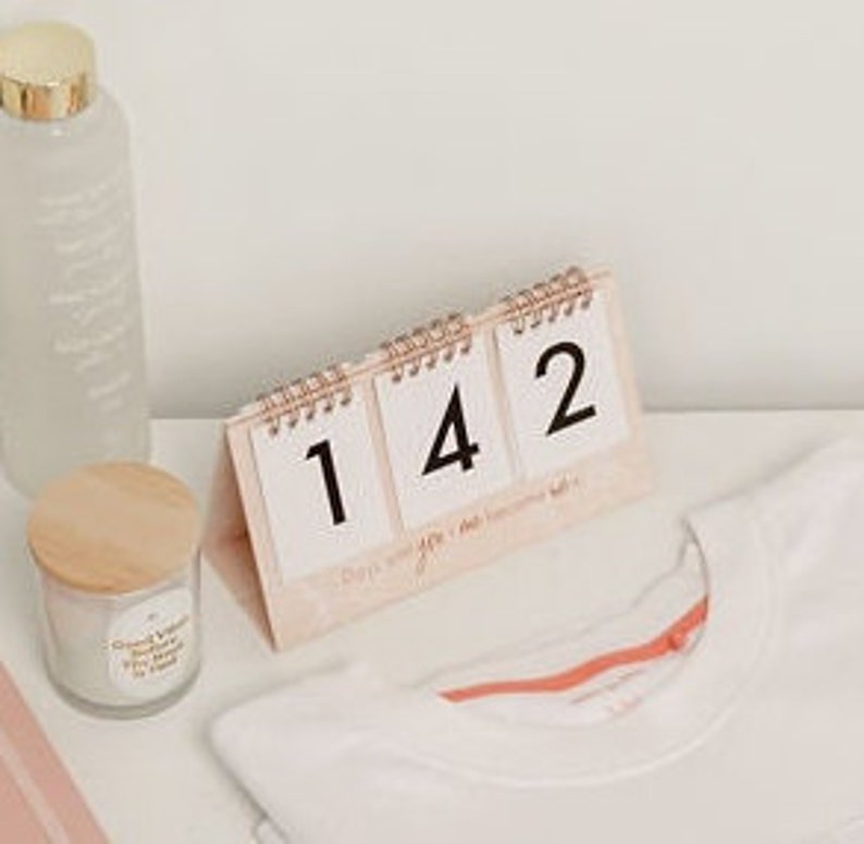 May include: A pink desktop calendar with three white squares showing the numbers 1, 4, and 2. The calendar is on a white surface.