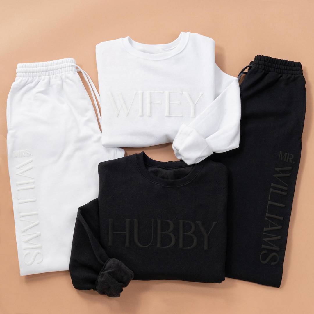 Embossed Wifey Hubby Sets, Wifey Sweatshirt, Embossed Mr Mrs Sweatshirt, Bridal Gift, Bridal Shower Gift, Initials Sleeve, Anniversary Gift