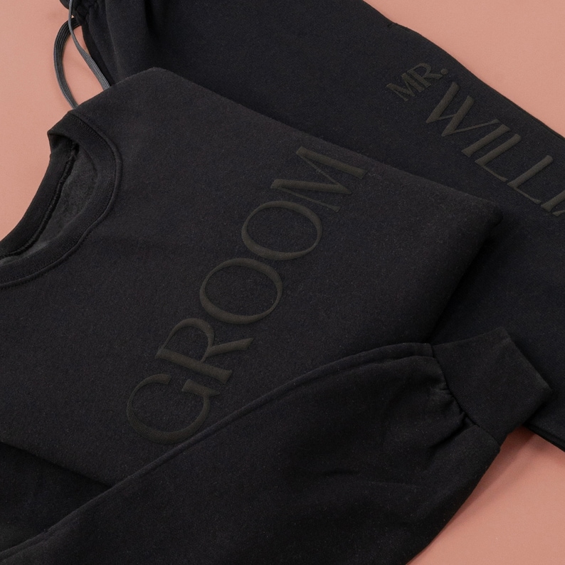 Embossed Groom Set personalized with Premium PUFF Print. The set includes a crewneck sweatshirt and joggers. Gift For Groom