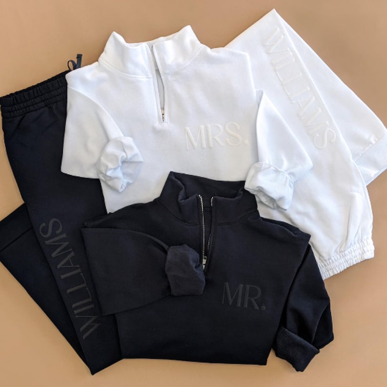 Embossed Honeymoon Outfit, Personalized Wedding Gift, Mr and Mrs Quarter Zip, Matching Couples Sweatshirts, Bridal Shower Gift, New Mrs Gift