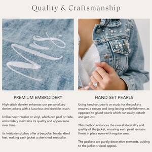Puede incluir: Primer plano de dos chaquetas vaqueras que muestran diferentes t&eacute;cnicas de embellecimiento. La primera chaqueta presenta un dise&ntilde;o bordado en blanco, mientras que la segunda est&aacute; adornada con perlas engastadas a mano en tachuelas. Ambas chaquetas est&aacute;n hechas con materiales de alta calidad y artesan&iacute;a.