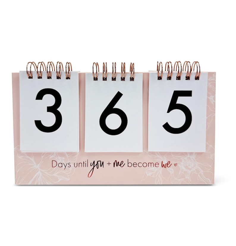 Wedding Countdown Calendar is a great way to countdown the days to your special day. Available in pink color. Includes 15 cards in total: countdown cards 0-9 and 5 inspirational quotes.