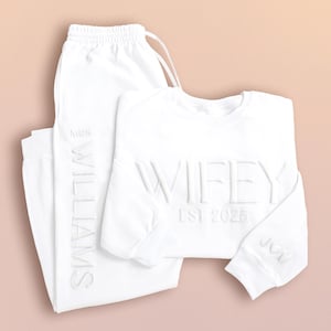 Embossed Wifey Hubby Sets, Wifey Sweatshirt, Embossed Mr Mrs Sweatshirt, Bridal Gift, Bridal Shower Gift, Initials Sleeve, Anniversary Gift image 7