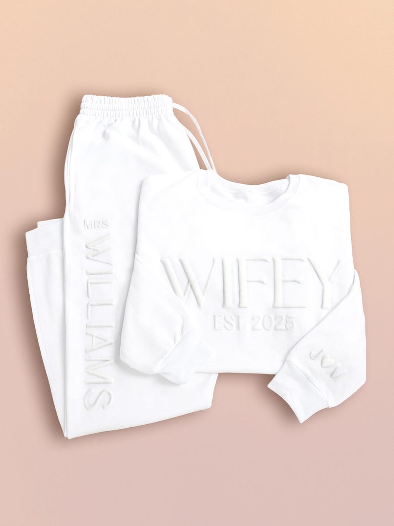 Embossed Wifey Hubby Sets, Wifey Sweatshirt, Embossed Mr Mrs Sweatshirt, Bridal Gift, Bridal Shower Gift, Initials Sleeve, Anniversary Gift image 7