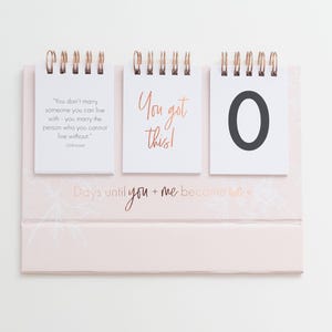 Wedding Countdown Calendar is a great way to countdown the days to your special day. Available in pink color. Includes 15 cards in total: countdown cards 0-9 and 5 inspirational quotes.