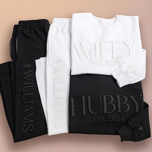 Embossed Wifey Hubby Sets, Wifey Sweatshirt, Embossed Mr Mrs Sweatshirt, Bridal Gift, Bridal Shower Gift, Initials Sleeve, Anniversary Gift image 2
