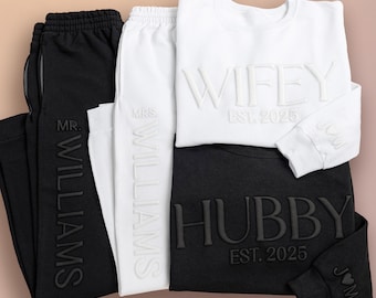 Embossed Wifey Hubby Sets, Wifey Sweatshirt, Embossed Mr Mrs Sweatshirt, Bridal Gift, Bridal Shower Gift, Initials Sleeve, Anniversary Gift