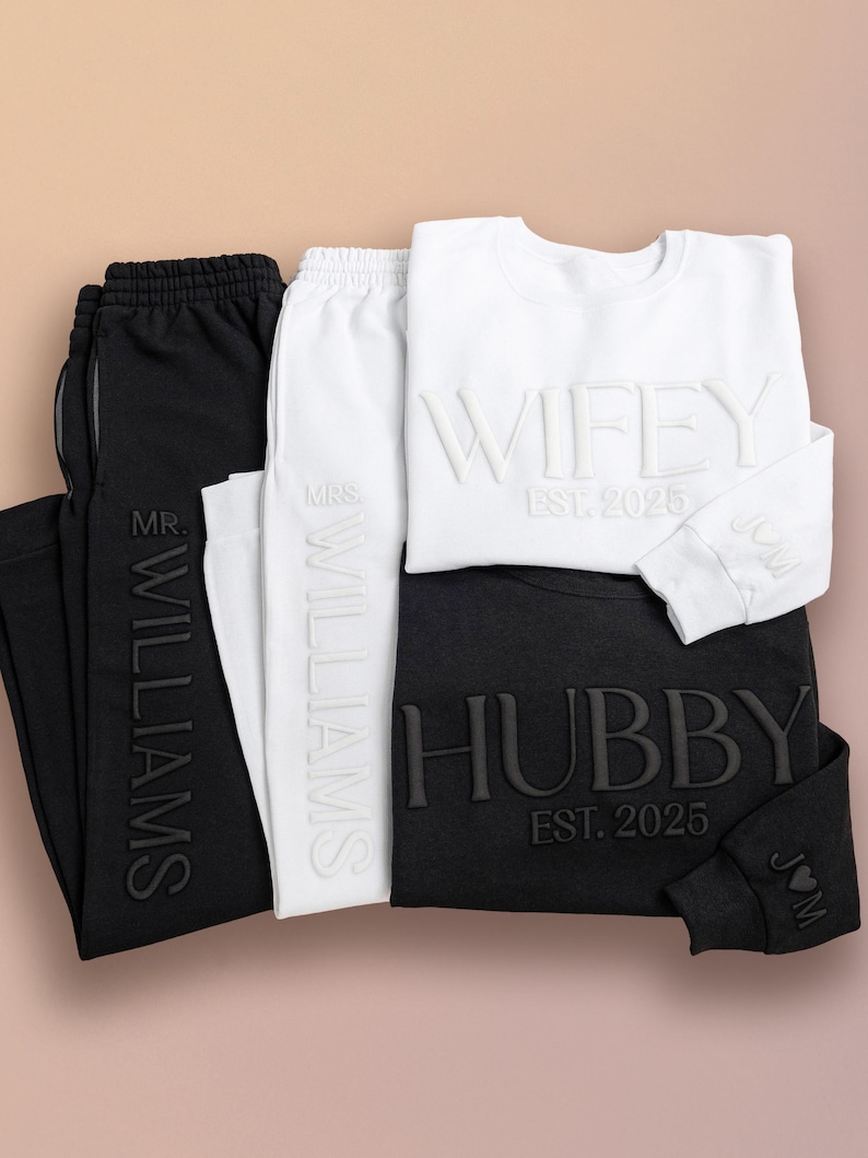Embossed Wifey Hubby Sets, Wifey Sweatshirt, Embossed Mr Mrs Sweatshirt, Bridal Gift, Bridal Shower Gift, Initials Sleeve, Anniversary Gift image 2