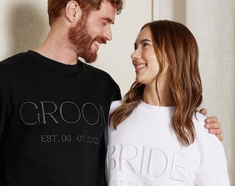 Bride and Groom Matching Sweatshirts, Embroidered Bride Groom Gift, Custom Bride and Groom Shirts, Personalized Engagement Gift for Couple