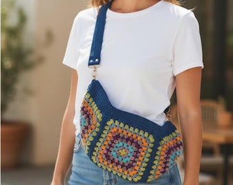 Colorful Crochet Sling Bag, Boho Granny Square Crossbody, Handmade Cotton Shoulder Bag, Festival Hippie Bag, Lined Gift for Her